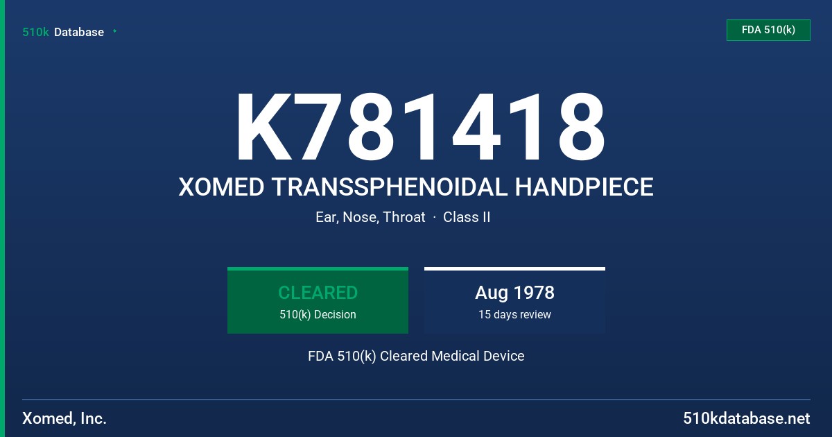 K781418 XOMED TRANSSPHENOIDAL HANDPIECE FDA 510(k) Cleared Medical Device