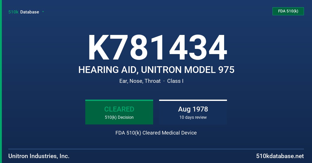 K781434 HEARING AID, UNITRON MODEL 975 FDA 510(k) Cleared Medical Device