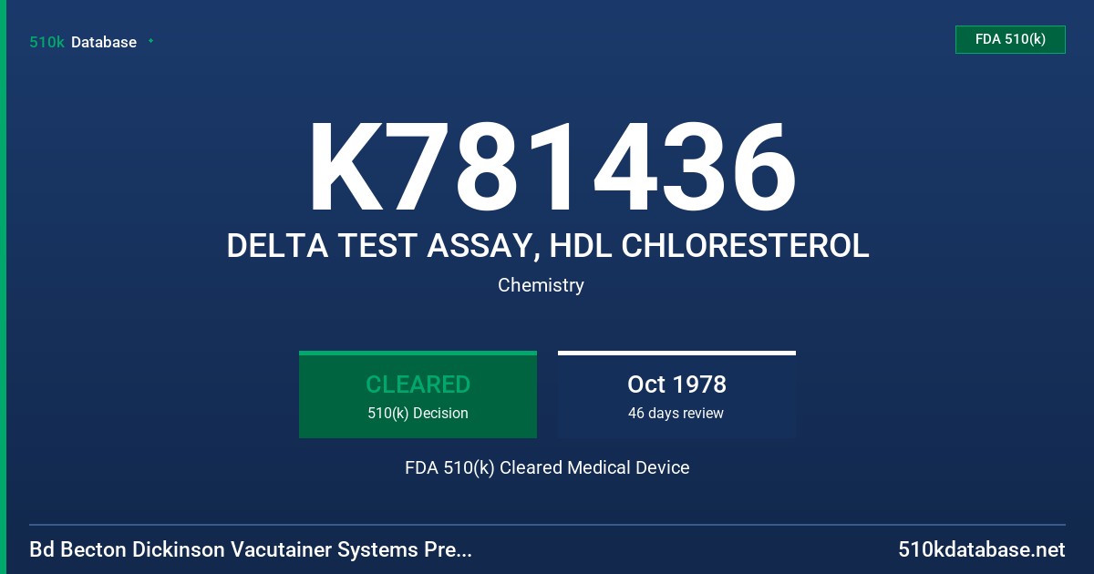 K781436 DELTA TEST ASSAY, HDL CHLORESTEROL FDA 510(k) Cleared Medical Device