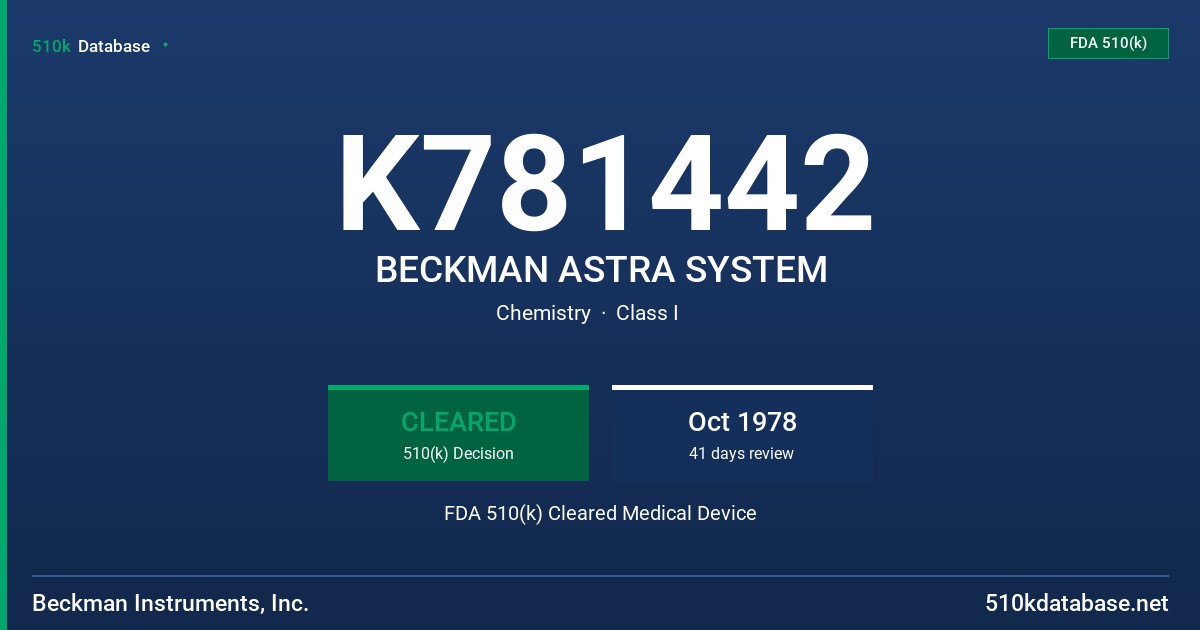 K781442 BECKMAN ASTRA SYSTEM FDA 510(k) Cleared Medical Device