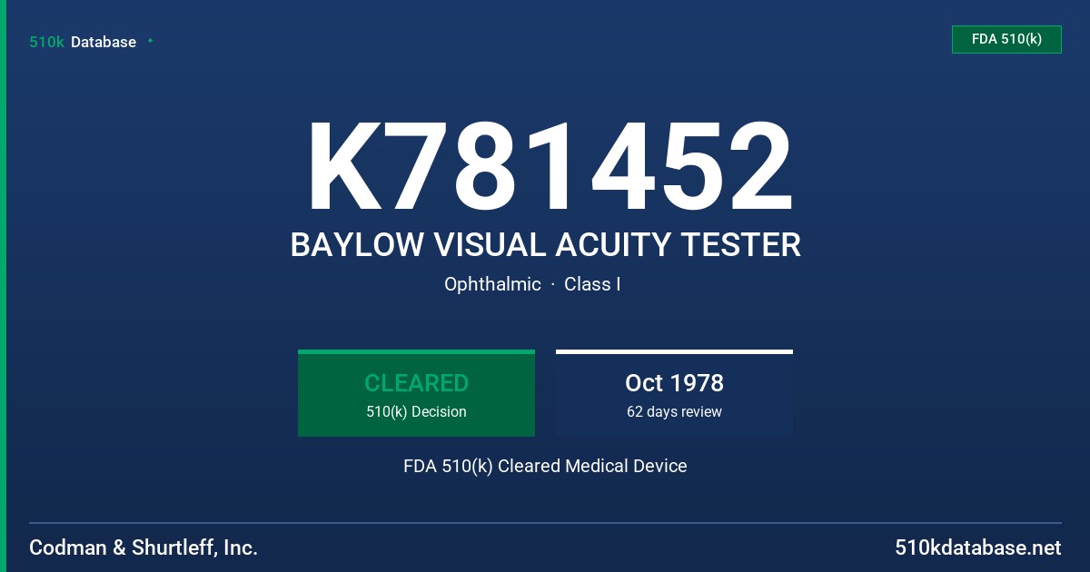 K781452 BAYLOW VISUAL ACUITY TESTER FDA 510(k) Cleared Medical Device