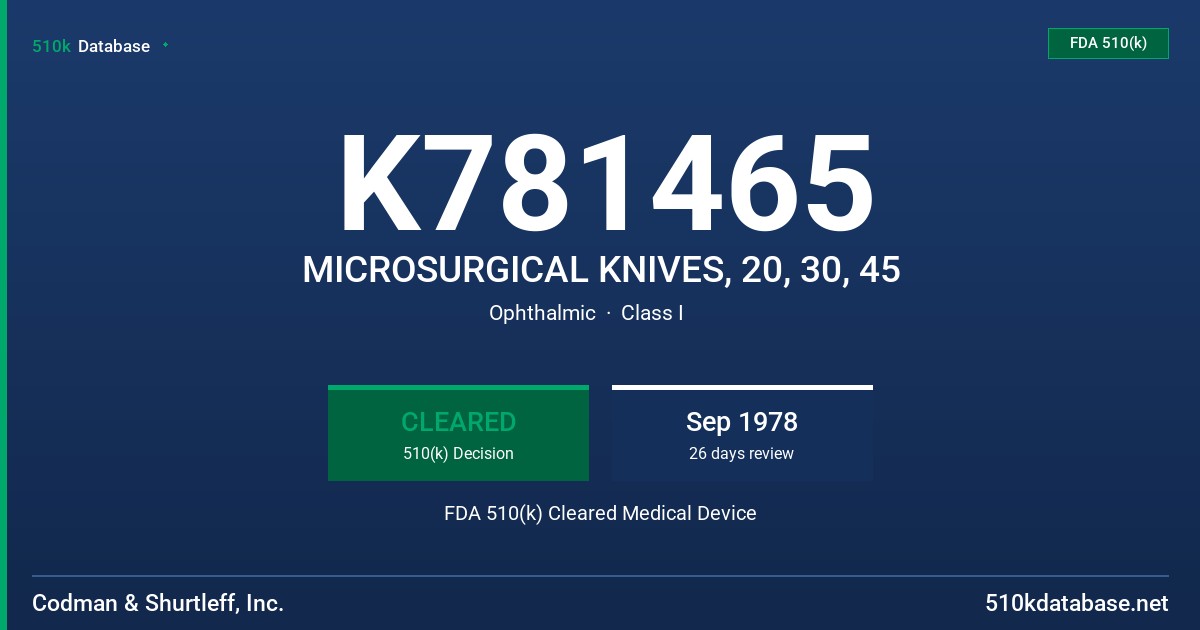 K781465 MICROSURGICAL KNIVES, 20, 30, 45 FDA 510(k) Cleared Medical Device