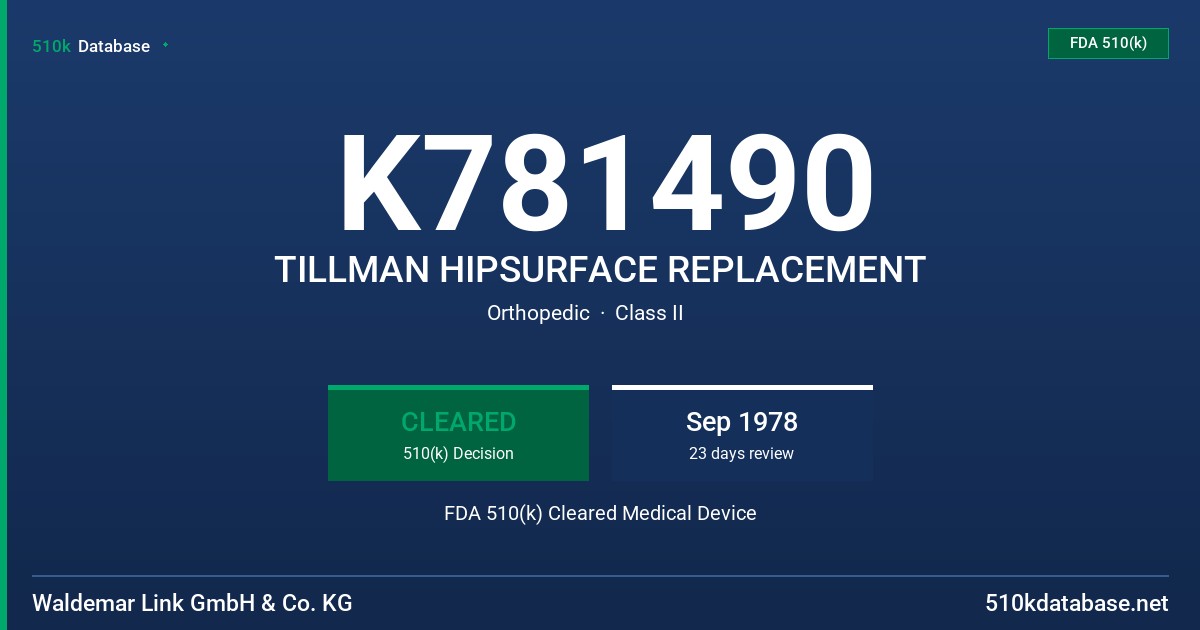 K781490 TILLMAN HIPSURFACE REPLACEMENT FDA 510(k) Cleared Medical Device
