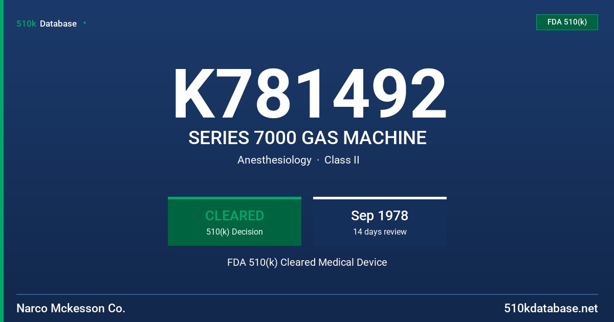 K781492 SERIES 7000 GAS MACHINE FDA 510(k) Cleared Medical Device