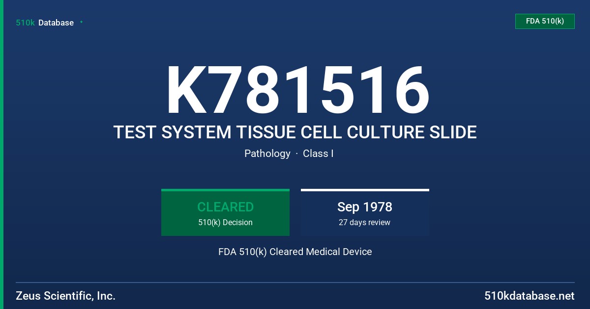 K781516 TEST SYSTEM TISSUE CELL CULTURE SLIDE FDA 510(k) Cleared Medical Device
