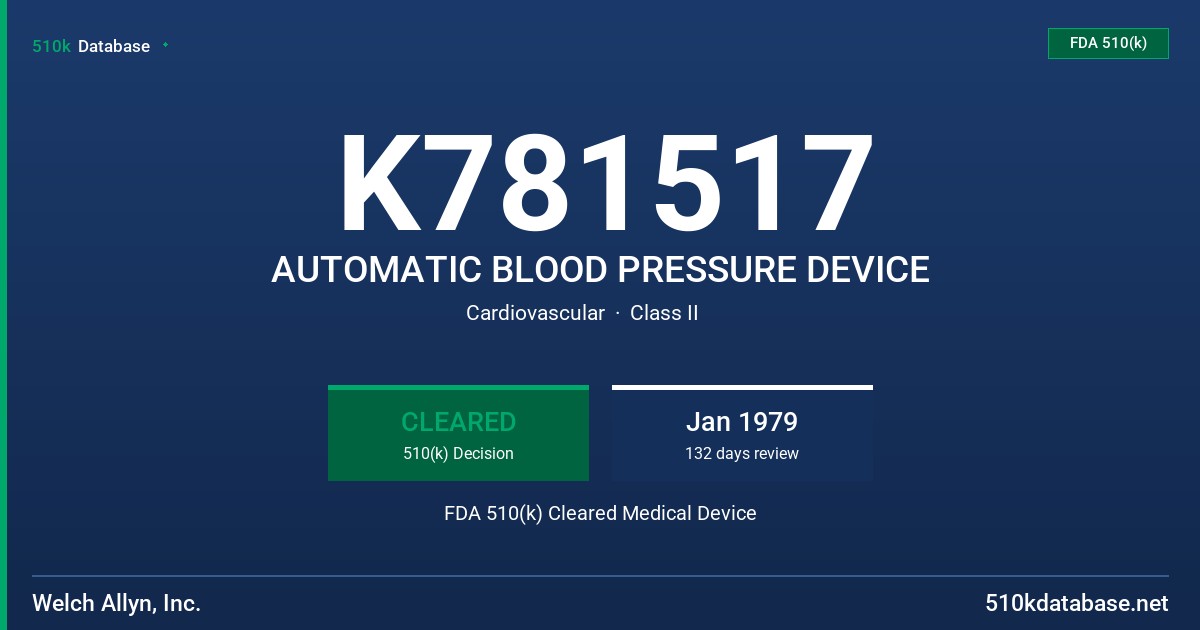 K781517 AUTOMATIC BLOOD PRESSURE DEVICE FDA 510(k) Cleared Medical Device