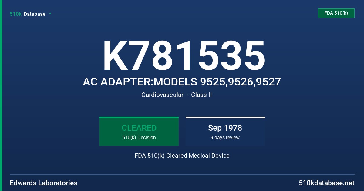 K781535 AC ADAPTER:MODELS 9525,9526,9527 FDA 510(k) Cleared Medical Device