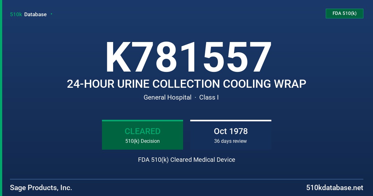 K781557 24-HOUR URINE COLLECTION COOLING WRAP FDA 510(k) Cleared Medical Device