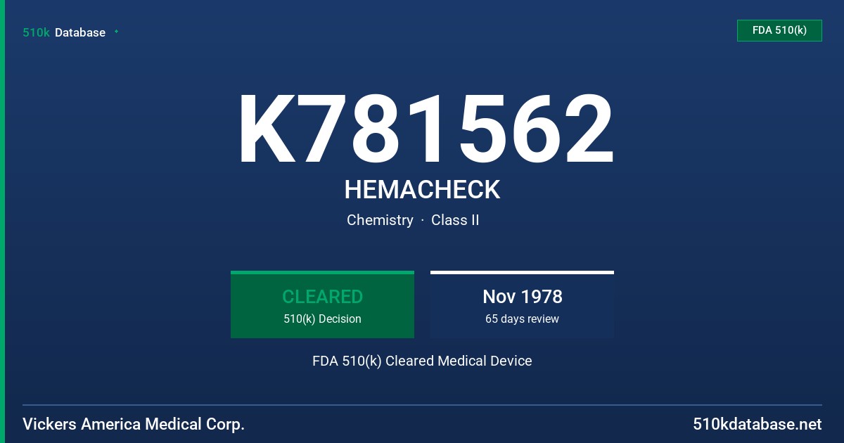 K781562 HEMACHECK FDA 510(k) Cleared Medical Device