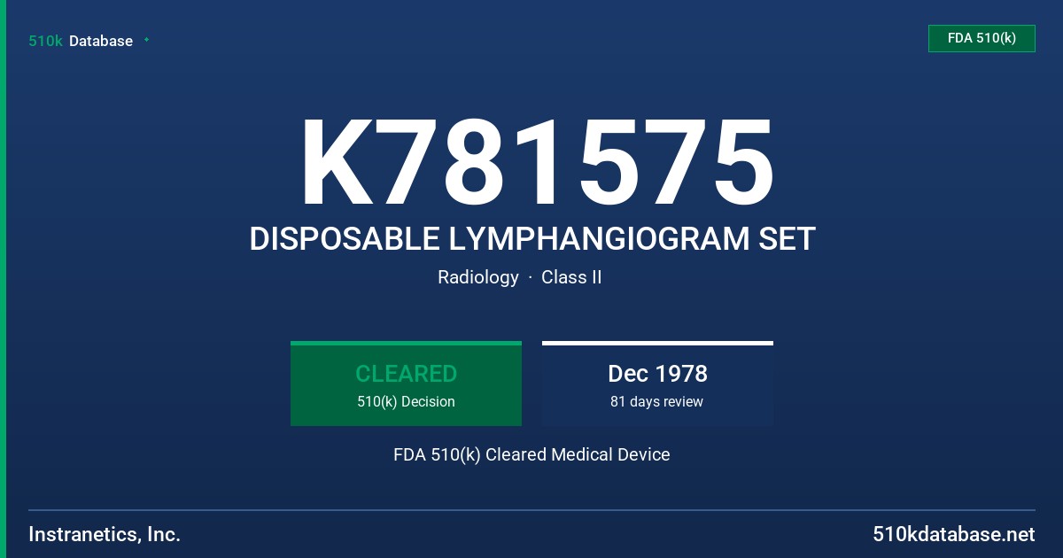 K781575 DISPOSABLE LYMPHANGIOGRAM SET FDA 510(k) Cleared Medical Device