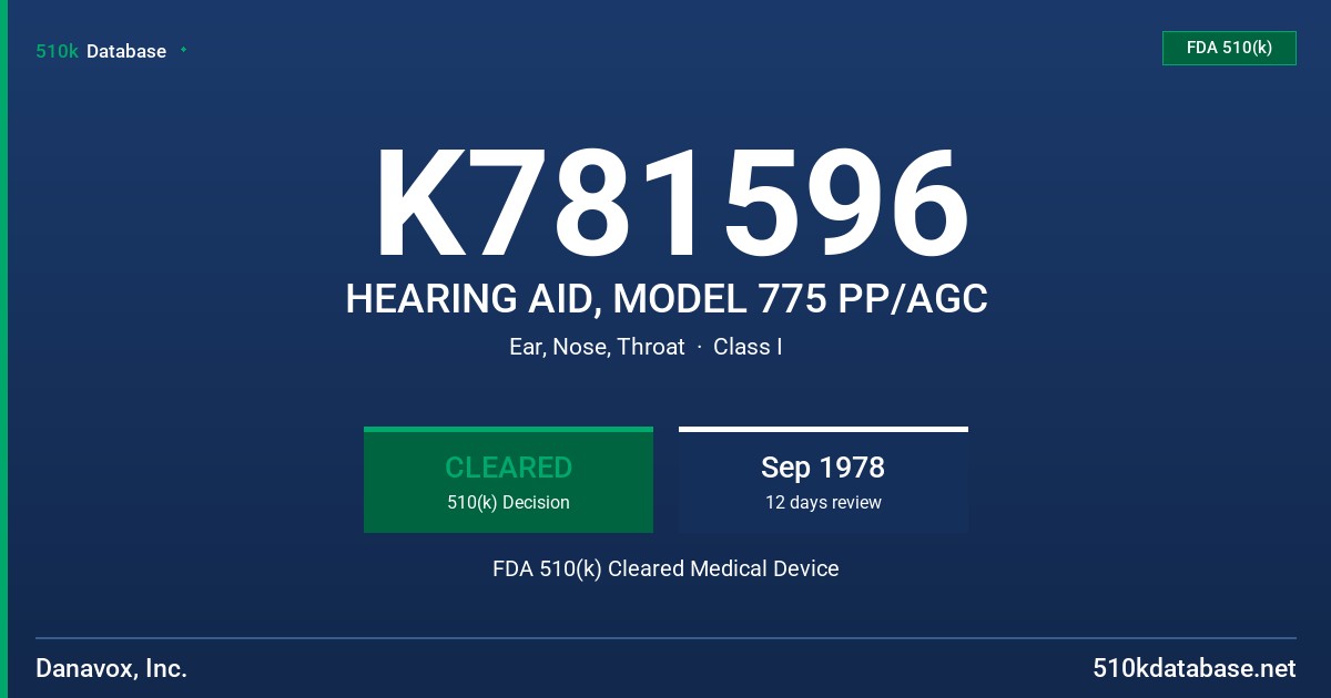 K781596 HEARING AID, MODEL 775 PP/AGC FDA 510(k) Cleared Medical Device