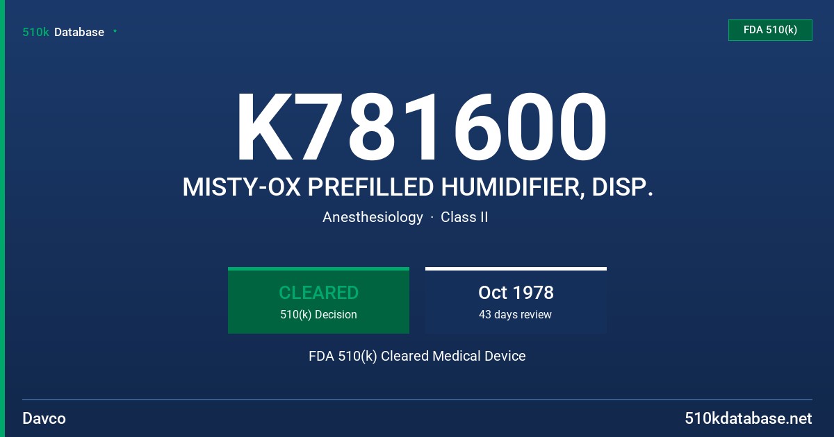 K781600 MISTY-OX PREFILLED HUMIDIFIER, DISP. FDA 510(k) Cleared Medical Device