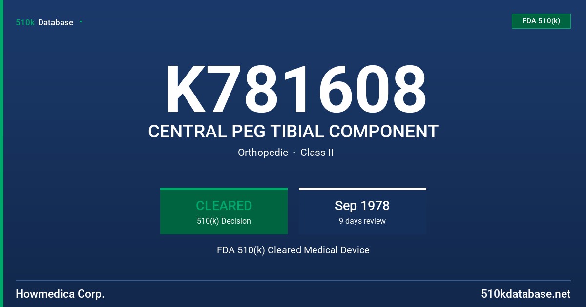 K781608 CENTRAL PEG TIBIAL COMPONENT FDA 510(k) Cleared Medical Device