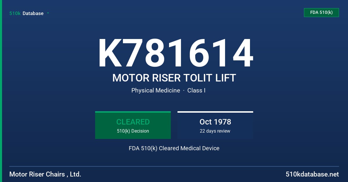 K781614 MOTOR RISER TOLIT LIFT FDA 510(k) Cleared Medical Device