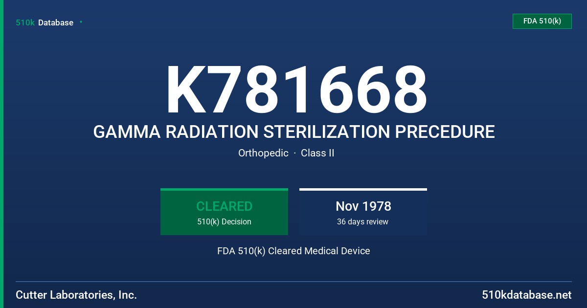 K781668 GAMMA RADIATION STERILIZATION PRECEDURE FDA 510(k) Cleared Medical Device