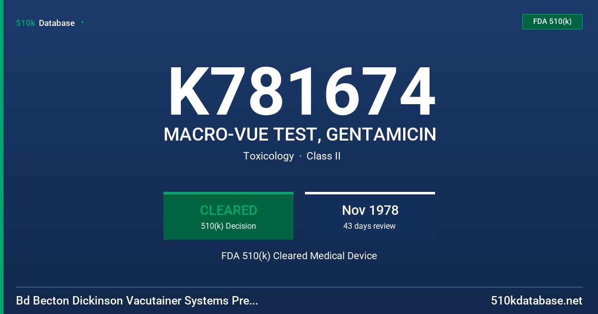 K781674 MACRO-VUE TEST, GENTAMICIN FDA 510(k) Cleared Medical Device