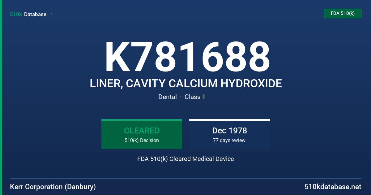 K781688 LINER, CAVITY CALCIUM HYDROXIDE FDA 510(k) Cleared Medical Device