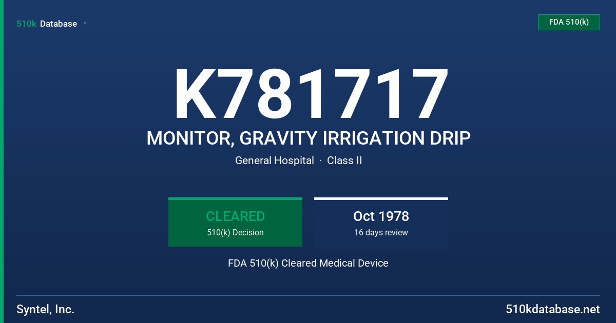 K781717 MONITOR, GRAVITY IRRIGATION DRIP FDA 510(k) Cleared Medical Device