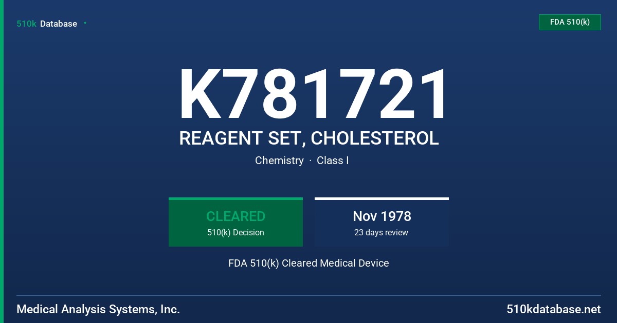 K781721 REAGENT SET, CHOLESTEROL FDA 510(k) Cleared Medical Device