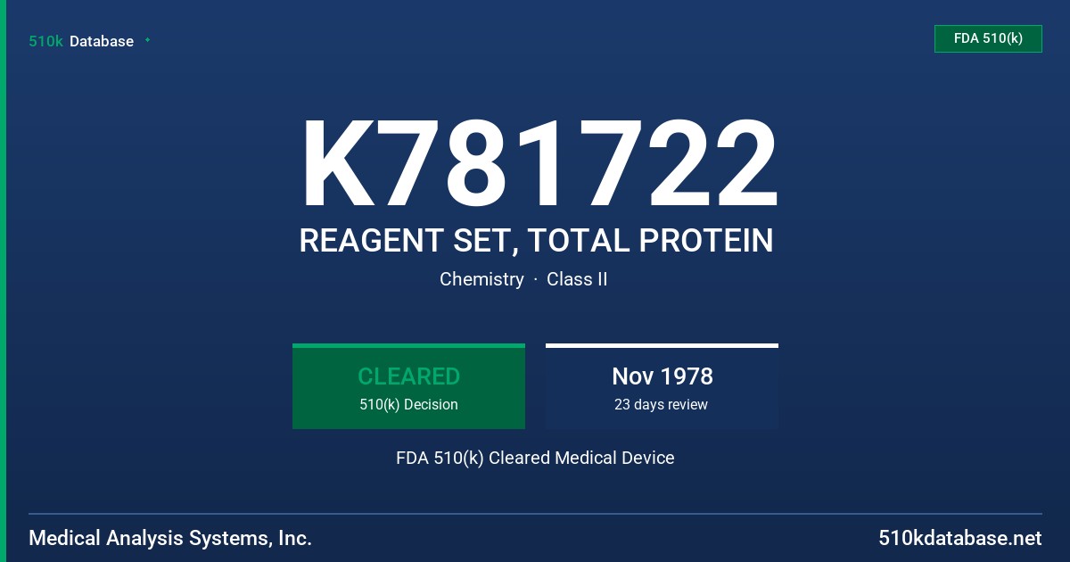 K781722 REAGENT SET, TOTAL PROTEIN FDA 510(k) Cleared Medical Device