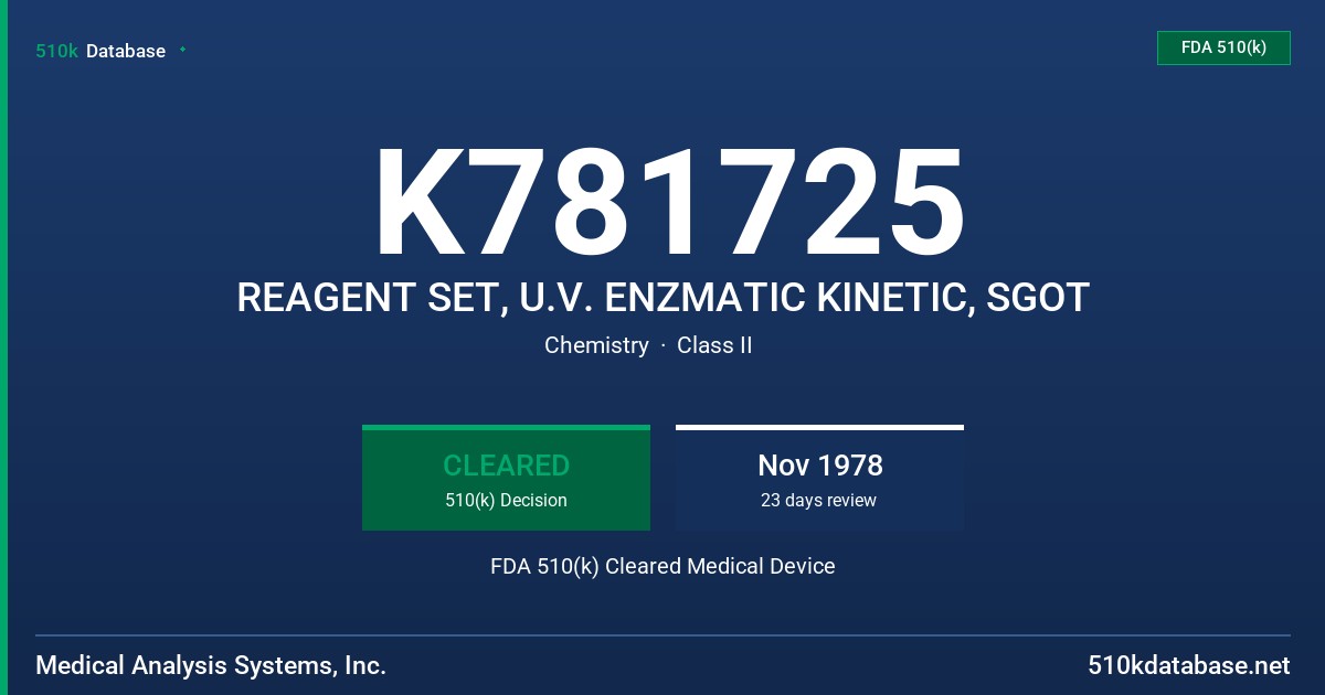 K781725 REAGENT SET, U.V. ENZMATIC KINETIC, SGOT FDA 510(k) Cleared Medical Device