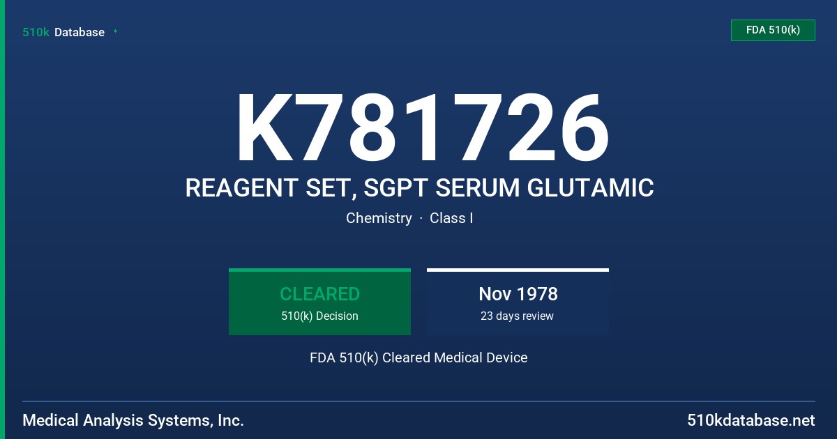 K781726 REAGENT SET, SGPT SERUM GLUTAMIC FDA 510(k) Cleared Medical Device