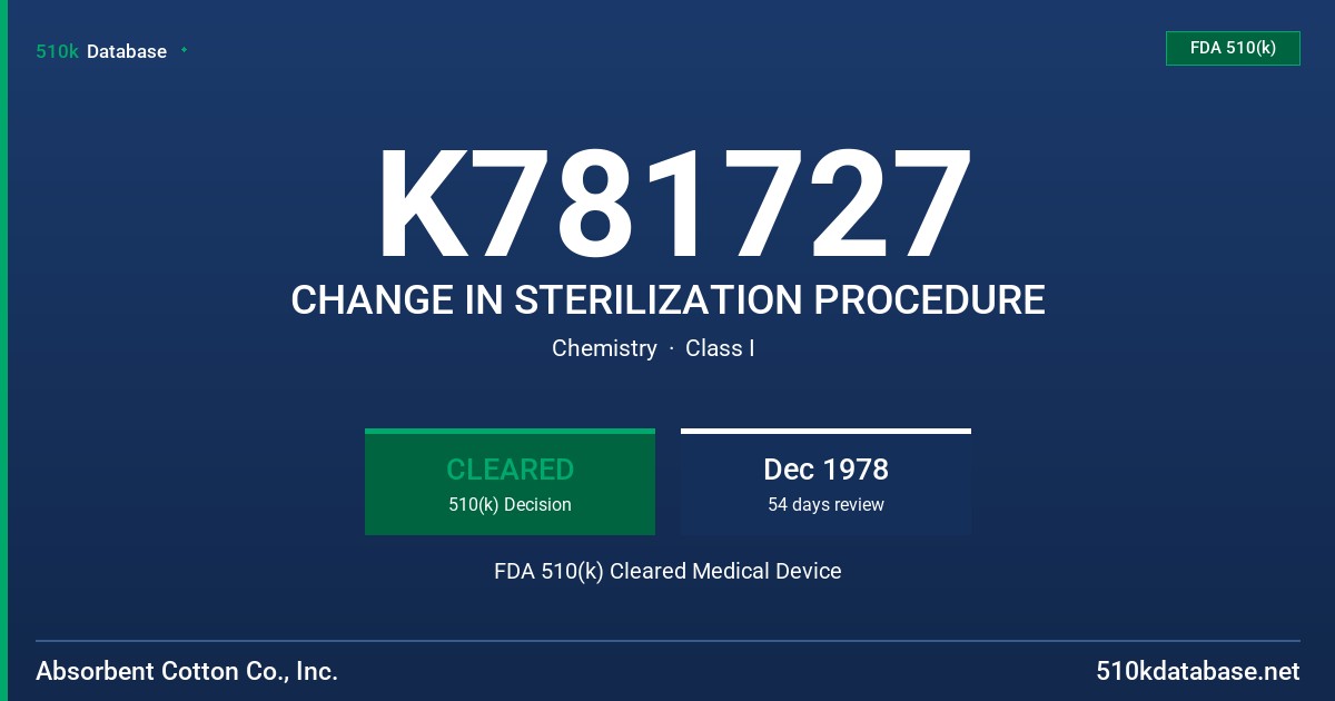K781727 CHANGE IN STERILIZATION PROCEDURE FDA 510(k) Cleared Medical Device