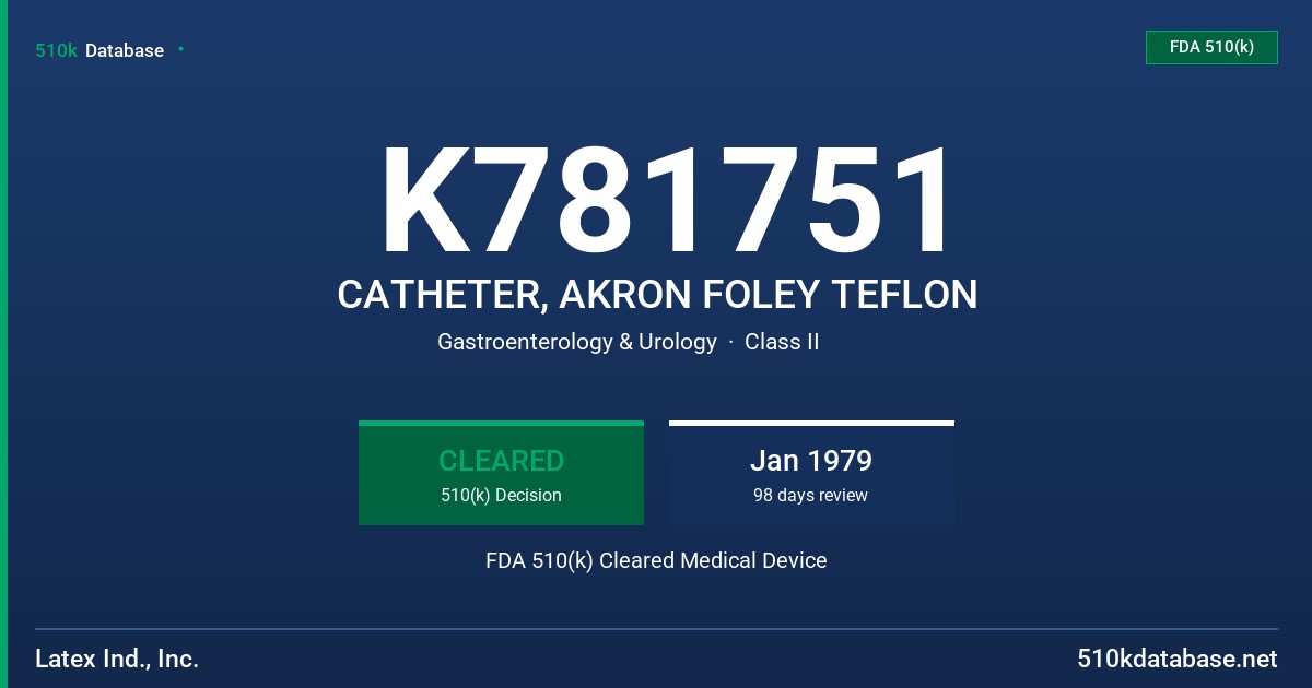 K781751 CATHETER, AKRON FOLEY TEFLON FDA 510(k) Cleared Medical Device