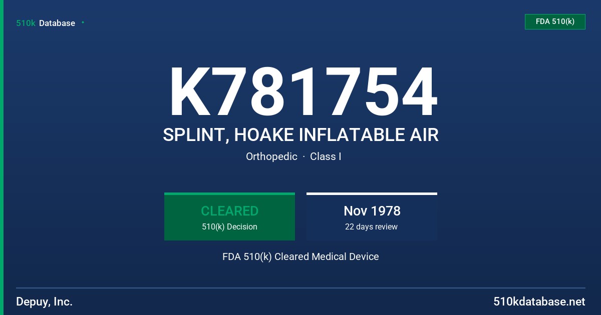 K781754 SPLINT, HOAKE INFLATABLE AIR FDA 510(k) Cleared Medical Device