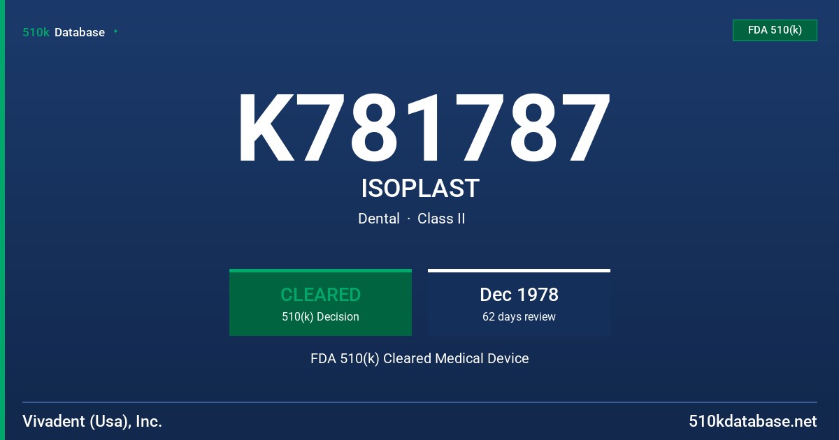K781787 ISOPLAST FDA 510(k) Cleared Medical Device