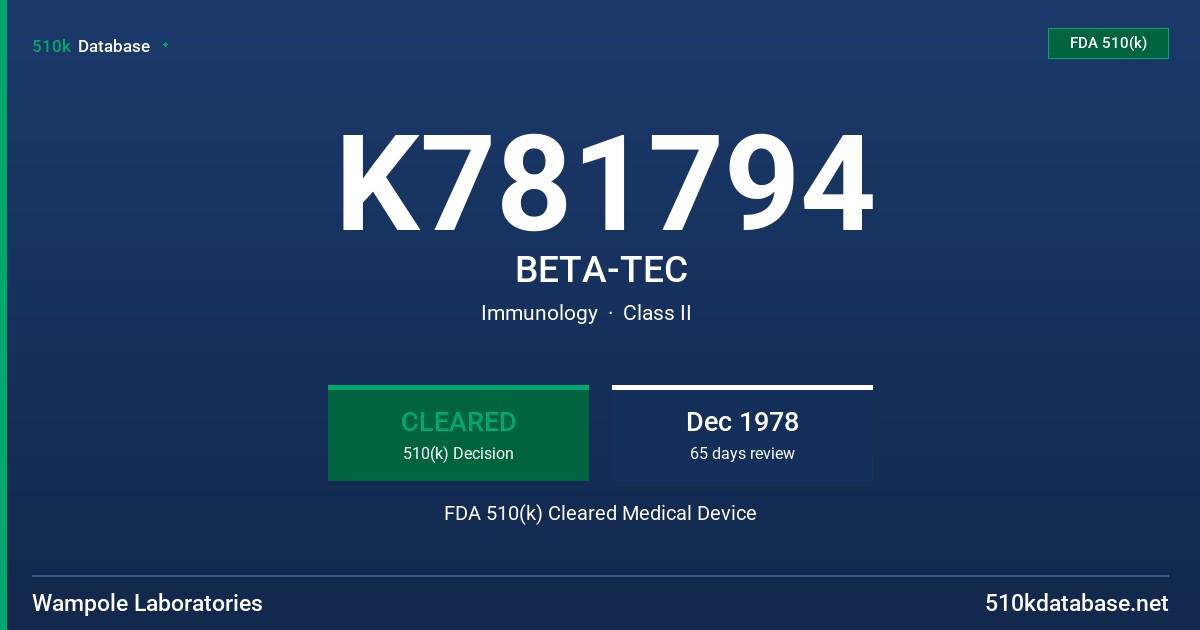 K781794 BETA-TEC FDA 510(k) Cleared Medical Device