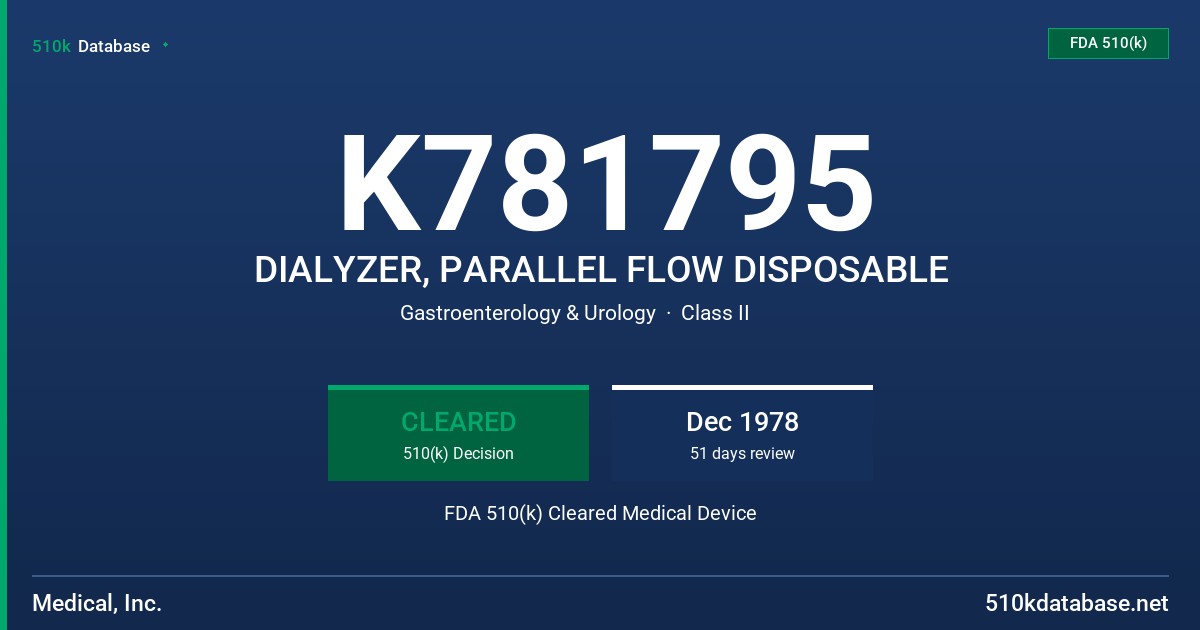 K781795 DIALYZER, PARALLEL FLOW DISPOSABLE FDA 510(k) Cleared Medical Device