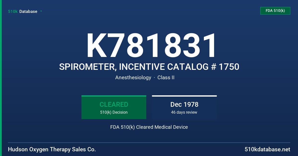 K781831 SPIROMETER, INCENTIVE CATALOG # 1750 FDA 510(k) Cleared Medical Device