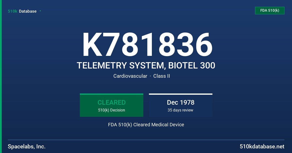 K781836 TELEMETRY SYSTEM, BIOTEL 300 FDA 510(k) Cleared Medical Device