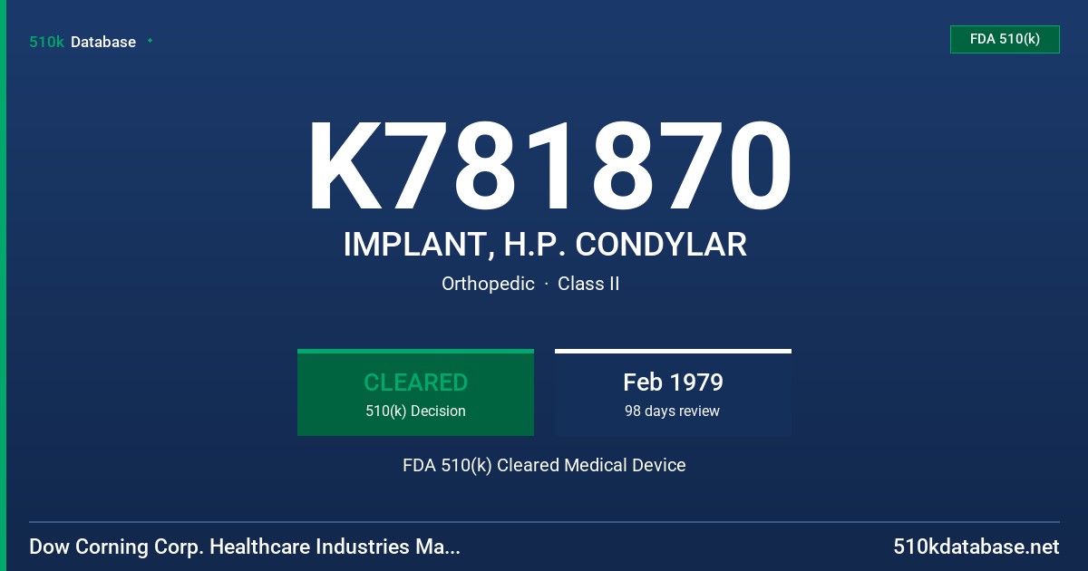 K781870 IMPLANT, H.P. CONDYLAR FDA 510(k) Cleared Medical Device