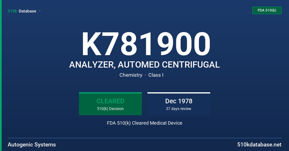 K781900 ANALYZER, AUTOMED CENTRIFUGAL FDA 510(k) Cleared Medical Device