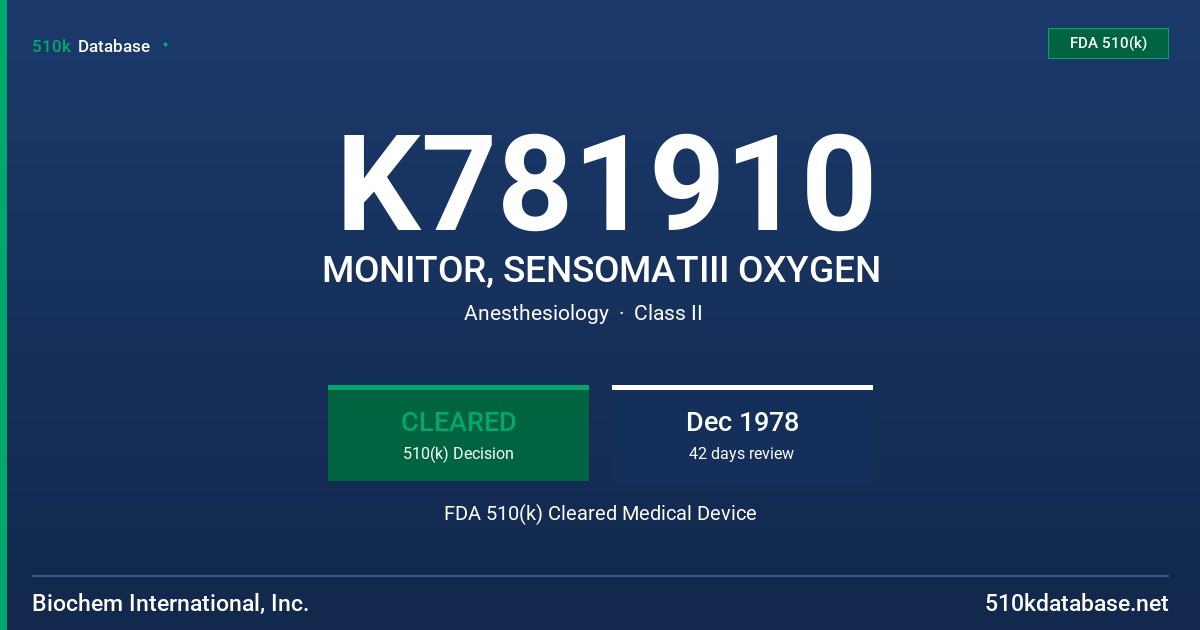 K781910 MONITOR, SENSOMATIII OXYGEN FDA 510(k) Cleared Medical Device