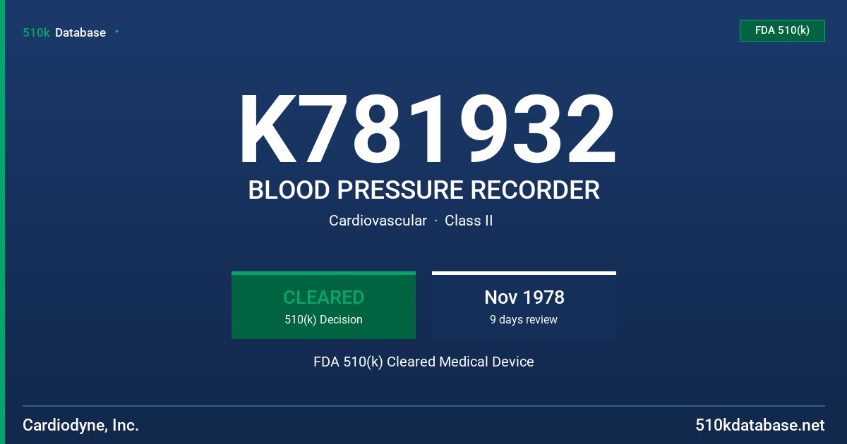 K781932 BLOOD PRESSURE RECORDER FDA 510(k) Cleared Medical Device
