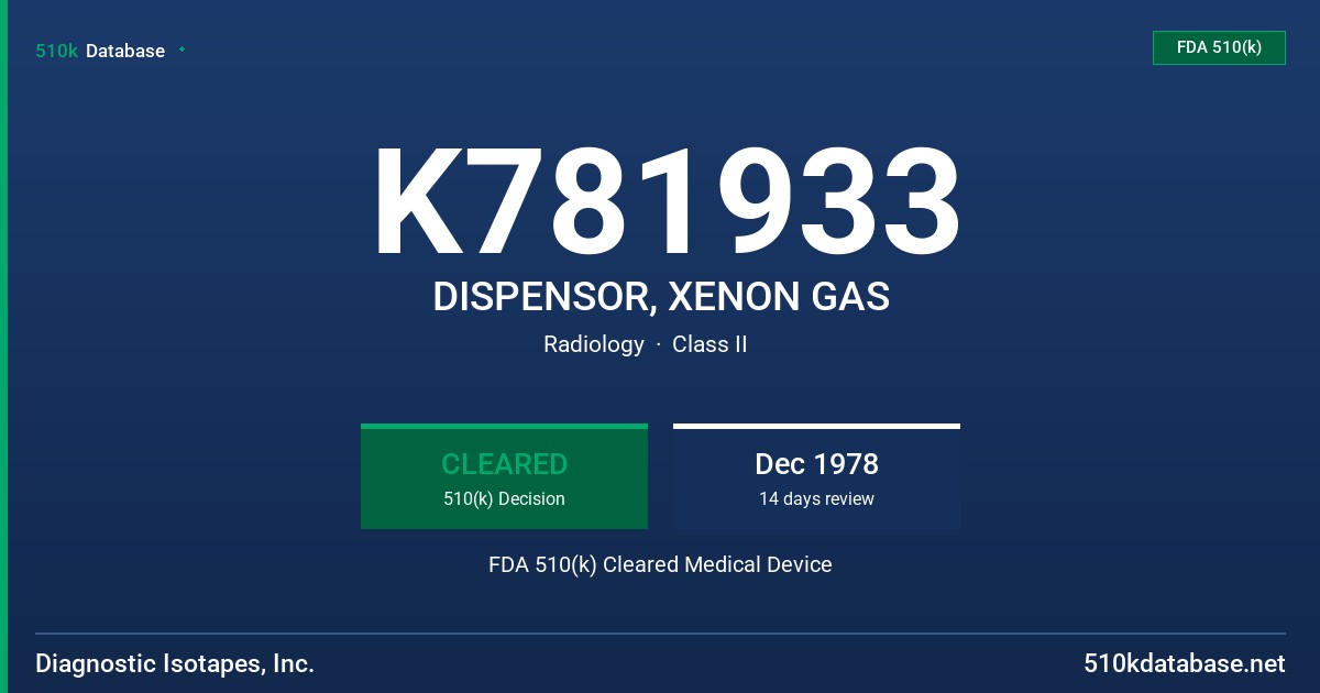 K781933 DISPENSOR, XENON GAS FDA 510(k) Cleared Medical Device