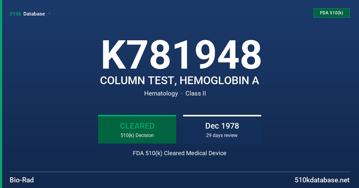 K781948 COLUMN TEST, HEMOGLOBIN A FDA 510(k) Cleared Medical Device