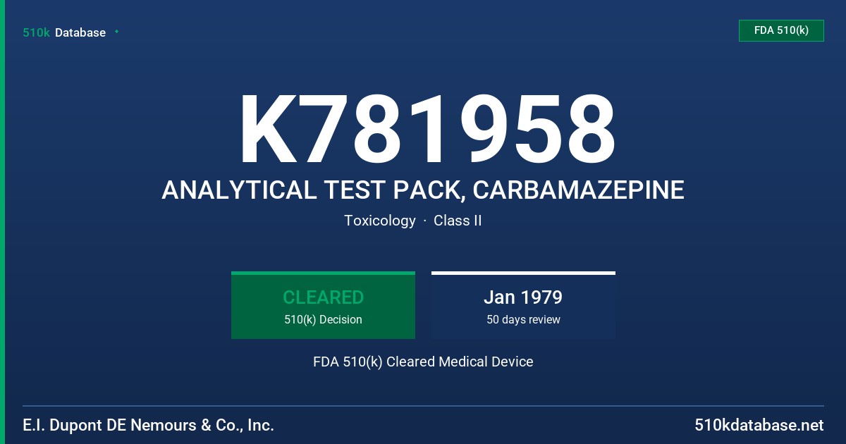 K781958 ANALYTICAL TEST PACK, CARBAMAZEPINE FDA 510(k) Cleared Medical Device