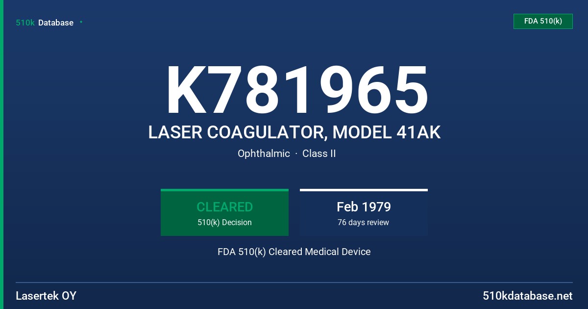 K781965 LASER COAGULATOR, MODEL 41AK FDA 510(k) Cleared Medical Device