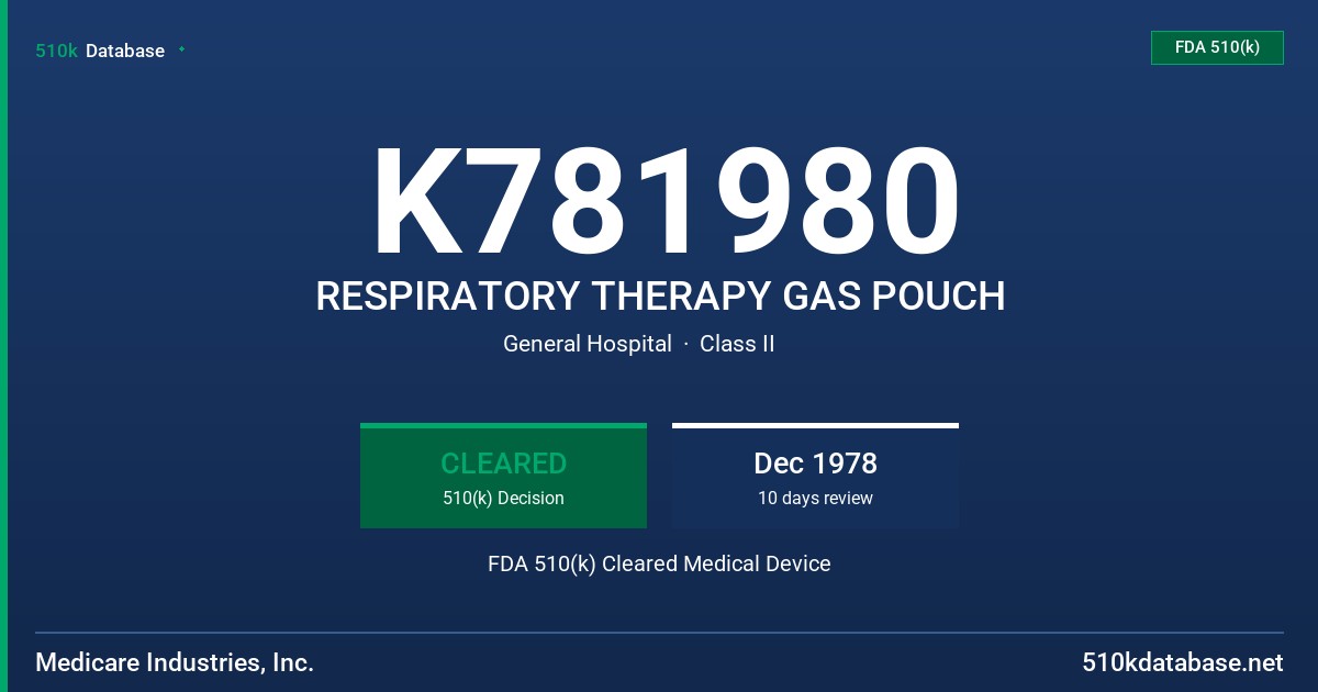 K781980 RESPIRATORY THERAPY GAS POUCH FDA 510(k) Cleared Medical Device