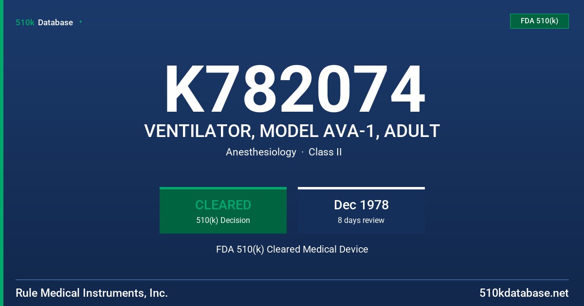 K782074 VENTILATOR, MODEL AVA-1, ADULT FDA 510(k) Cleared Medical Device