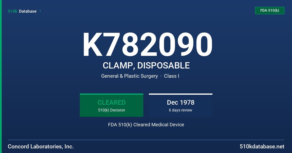 K782090 CLAMP, DISPOSABLE FDA 510(k) Cleared Medical Device