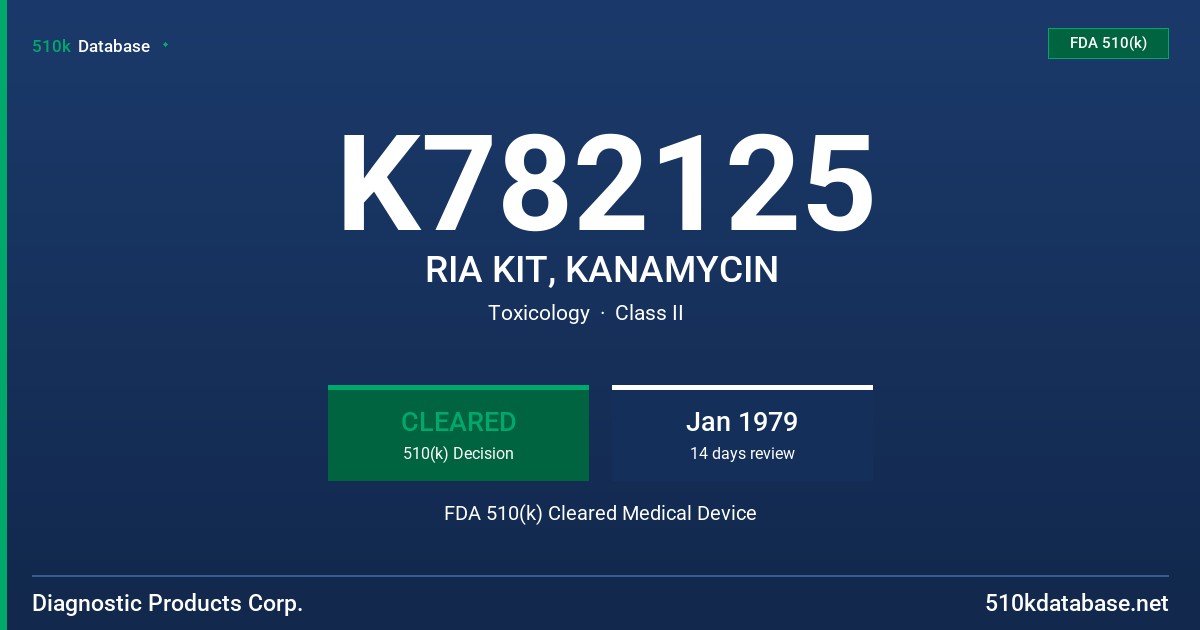 K782125 RIA KIT, KANAMYCIN FDA 510(k) Cleared Medical Device