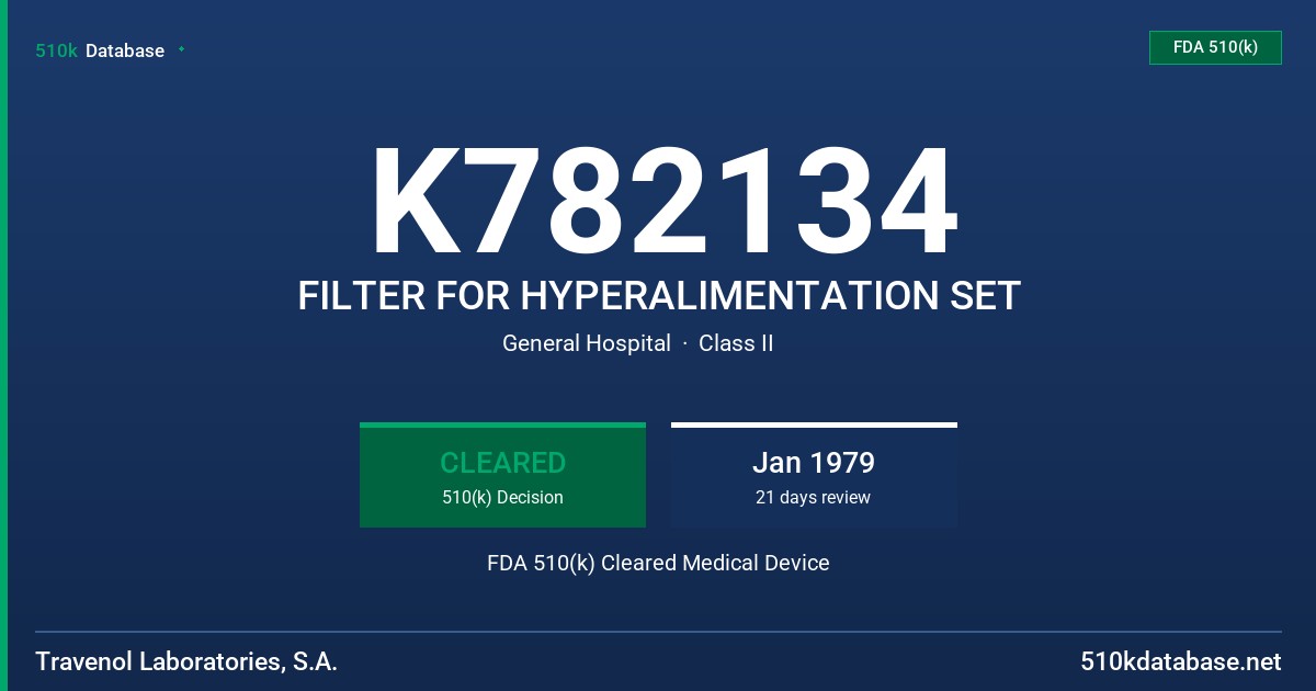 K782134 FILTER FOR HYPERALIMENTATION SET FDA 510(k) Cleared Medical Device