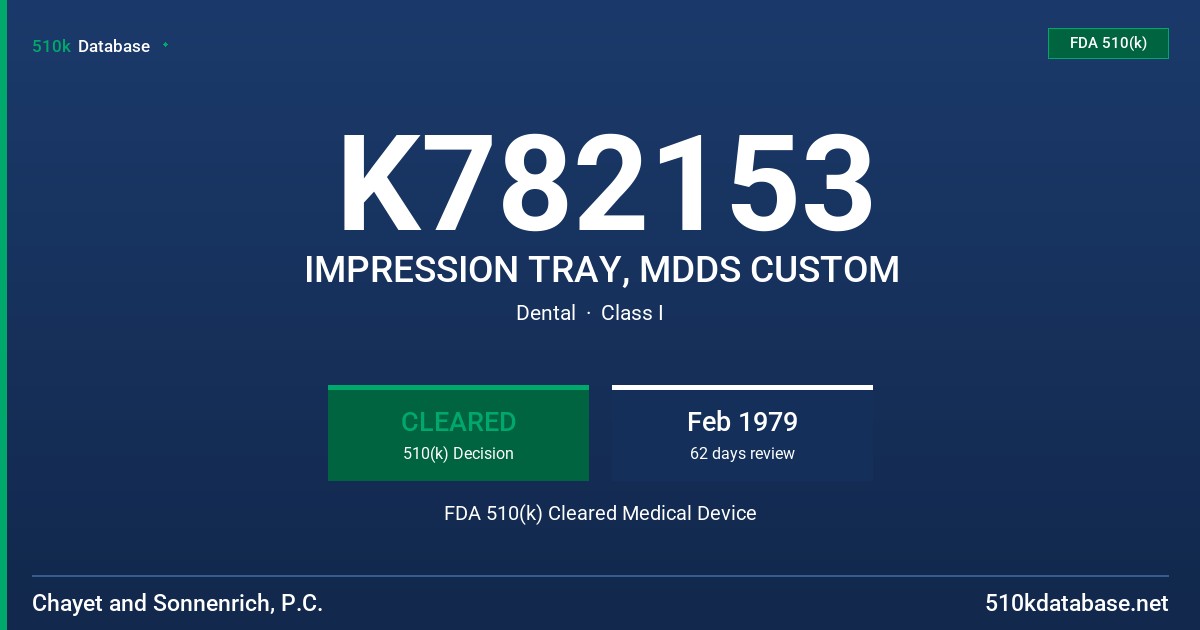 K782153 IMPRESSION TRAY, MDDS CUSTOM FDA 510(k) Cleared Medical Device