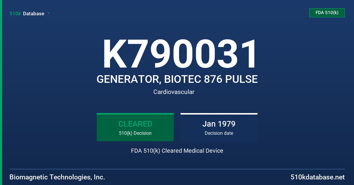 K790031 GENERATOR, BIOTEC 876 PULSE FDA 510(k) Cleared Medical Device