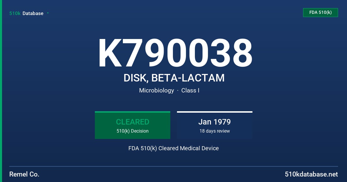 K790038 DISK, BETA-LACTAM FDA 510(k) Cleared Medical Device